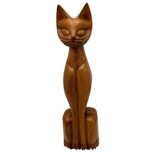 Hand-Carved Wooden Siamese Cat Figurine Mid-Century Modern 10" Vtg Brown